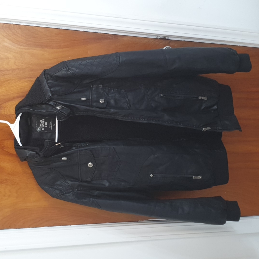 Chaos Crucker C&C black faux leather jacket with sherpa lining. XL.